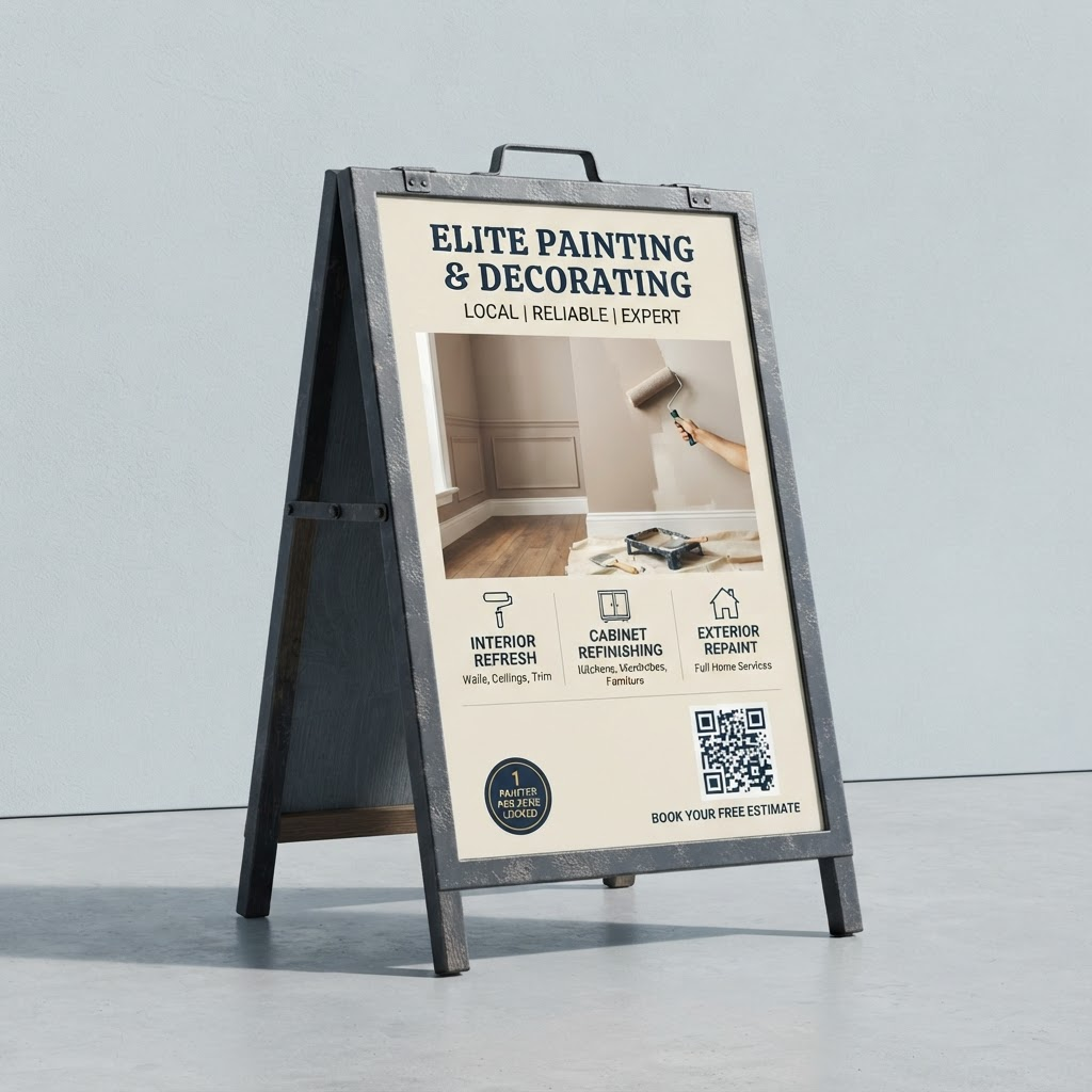 AmploReach A-frame venue board showing an interior and exterior painting advertisement