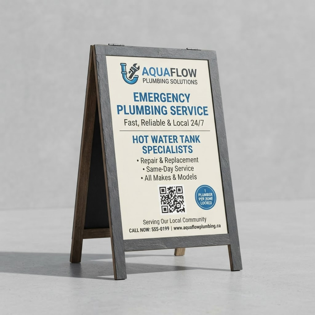 AmploReach A-frame venue board showing a professional plumber ad